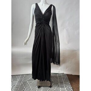 BCBG Max Azria Black Pleated Evening Gown With Sheer Asymmetrical Drape & Ruched